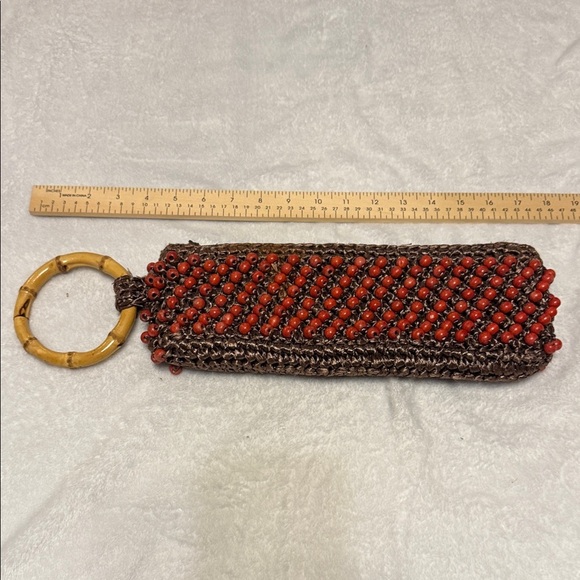 Coldwater Creek Accessories - Brown and Red Beaded Clutch with Bamboo Handle Coldwater creek